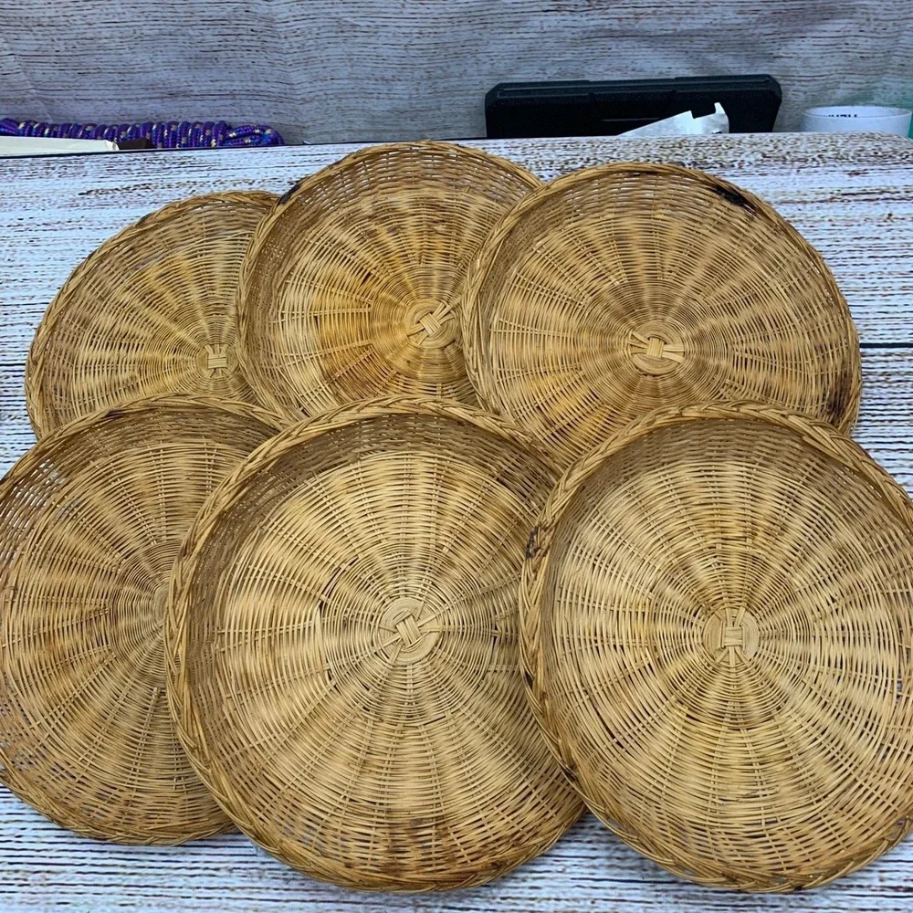 Set of 6 Woven Round Wicker‎ Serving Platters Picknick Plate Holders Natural